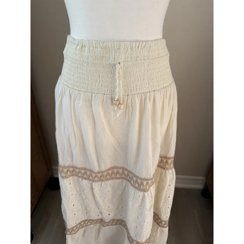 Boho Cottagecore Cotton Eyelet Maxi Skirt Smocked Waist Cream Small - Picture 3 of 11